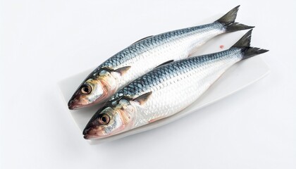 Four fresh fish with silvery scales and reddish gills laid out on white surface, forked tails and overlapping arrangement, detailed texture suitable for seafood, culinary, or marine biology themes.