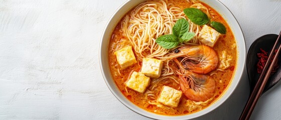 Aromatic Asian noodle soup with shrimp, tofu cubes, and fresh herbs in a creamy orange broth, served in a white bowl with chopsticks on the side