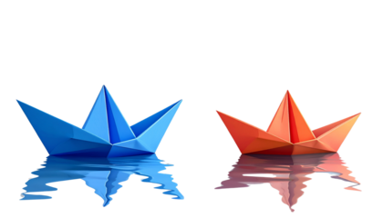 Dual Variation Blue Origami Paper Boat, Isolated on Transparent Background.