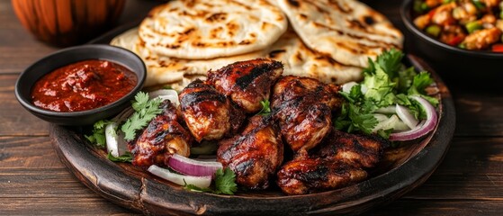 Spicy tandoori chicken pieces served with fresh naan bread, cilantro, and red onions on a rustic plate, accompanied by a vibrant red sauce, embodying Indian cuisine