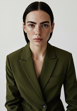 High-fashion editorial portrait of a woman with unibrow and freckles