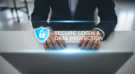 Person in suit at desk with laptop and secure login data protection graphic overlaying the image