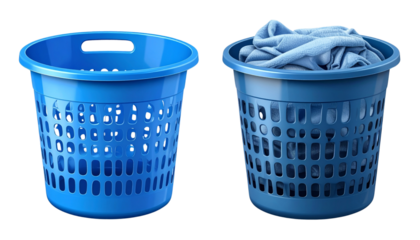 Dual Variation Blue Plastic Laundry Basket, Isolated on Transparent Background.