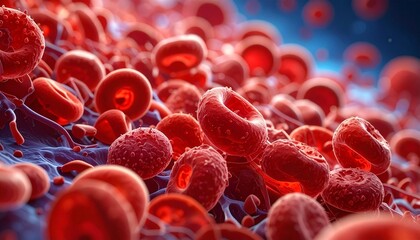 Close-up of red blood cells as biconcave discs in various orientations, vivid red against gradient blue background, highlighting cellular texture, structure, and light refraction for medical context.