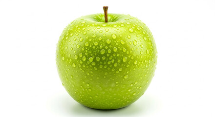A single green apple with water droplets on its skin and a stem on a plain white background view