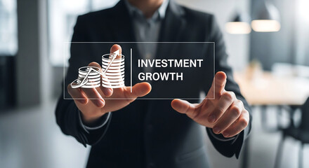A man in a suit interacting with a digital display showing investment growth and stacked coins icon