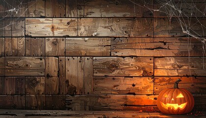 Rustic Halloween wooden wall with glowing jack-o’-lantern and spider webs in corners