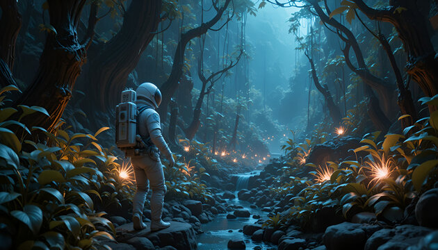 Astronaut exploring a mysterious alien forest at night