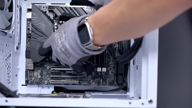 A person in gray gloves installs a computer motherboard inside a white computer case