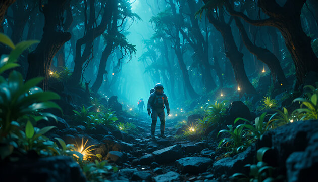 Astronauts explore mysterious glowing alien forest at night