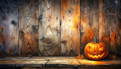 Rustic Halloween wooden wall with glowing jack-o’-lantern and spider webs in corners