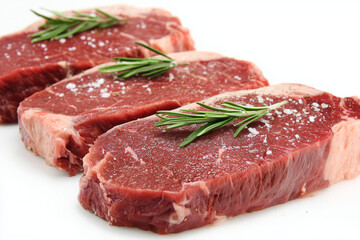 Obraz premium Three raw beef steaks seasoned with coarse salt and fresh rosemary sprigs arranged on a clean white background, closeup showing rich red color, marbling and texture for culinary use.