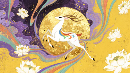 Mid-Autumn Festival celestial deer moon auspicious clouds national trend style illustration poster background