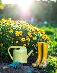 Bright yellow flowers with gardening tools