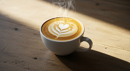 Steaming cup of coffee with latte art heart shape