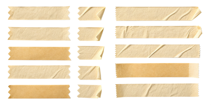 Beige Masking Tape Strips Set – Torn, Wrinkled, Folded Adhesive Tape Isolated on Transparent Background
Realistic Paper Masking Tape Collection – Textured Adhesive Strips with Wrinkles, Folds, and Tor