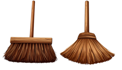 Dual Variation Brown Broom Cleaning Tools, Isolated on Transparent Background.