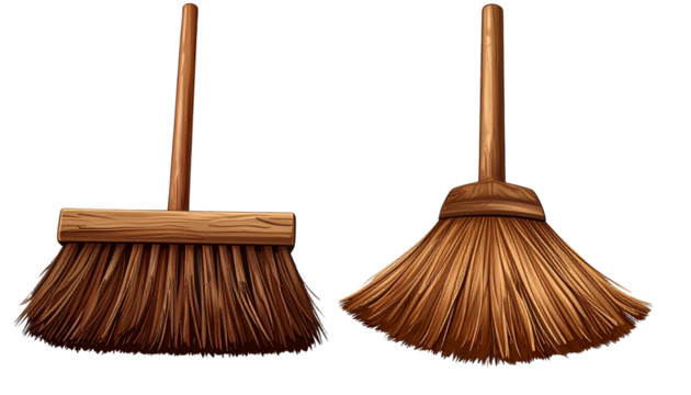 Dual Variation Brown Broom Cleaning Tools, Isolated on Transparent Background.