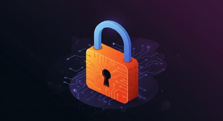 Secure digital padlock protecting data with network circuit board design, symbolizing online safety, cybersecurity, and data protection