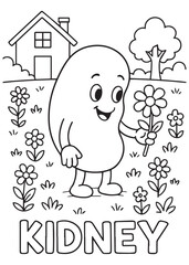 coloring book kidney holding flower near house, anatomy cartoon for kids