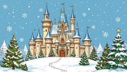 Fototapeta premium Snow Covered Fairytale Castle Winter Scene.