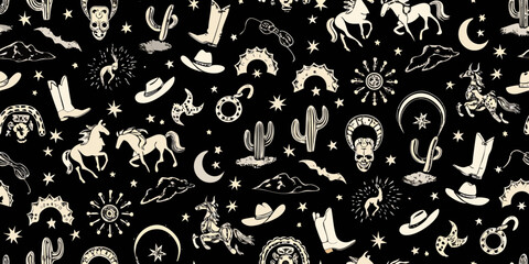 Whimsical western pattern featuring horses cacti cowboy hats boots skulls and moons on black background