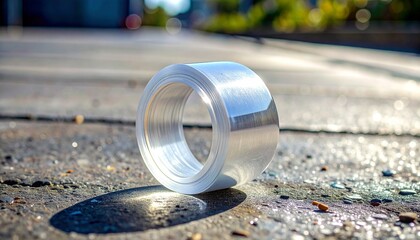 Clear glass sphere on concrete surface reflecting inverted view of buildings, trees, and sky, background blurred to emphasize optical effects of light refraction and reflection in urban setting.