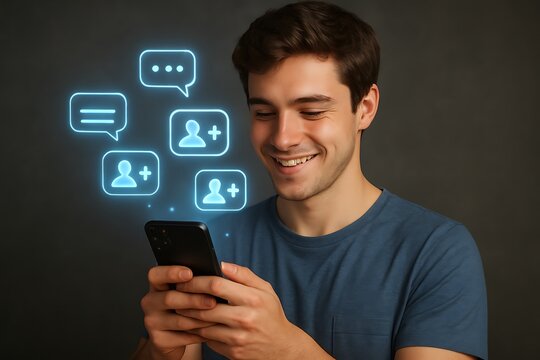Happy Young Man Interacting with Social Media on Smartphone