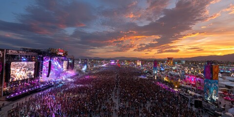 Vast Music Festival Crowd Under a Dramatic Sunset Sky.