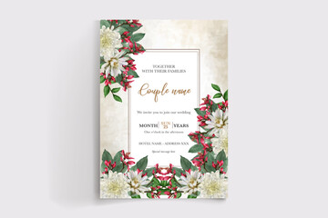 WEDDING INVITATION FRAME WITH FLOWER DECORATIONS AND FRESH LEAVES
