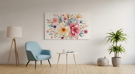 Bright and airy living room with watercolor floral art and modern decor
