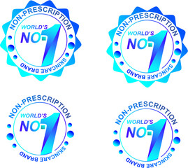 Four variations of a blue 'World's No. 1 Non-Prescription Skincare Brand' seal, featuring starburst and circular designs with different color gradients.