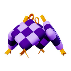 Stylized Purple and Lavender Chequered Ketupat with Golden Yellow Ribbons Isolated on Transparent Background for Festive Celebrations
