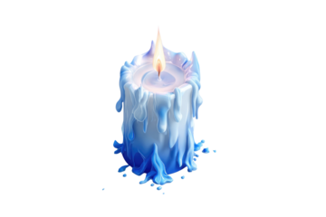 A vibrant, stylized blue and white candle burns with a warm flame, its melting wax dripping down the sides. background removed