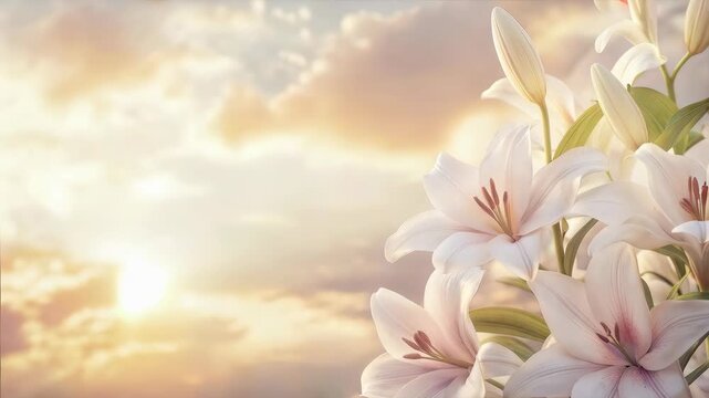 Funeral Mockup Background with Empty Text Space, Sunset Sky, and Lilies features peaceful lilies with sunset sky and soft light. Funeral Mockup Background with Empty Text Space, Sunset Sky