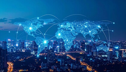 Global network connections over a futuristic city skyline at night, symbolizing technology and worldwide communication.