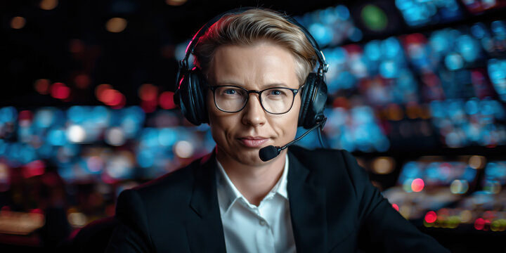 Professional operator wearing headset working in control room