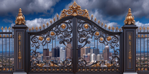 Ornate golden gates opening to city skyline