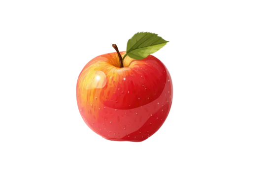 A vibrant, glossy red and yellow apple with a green leaf and brown stem, digitally illustrated and isolated on a clean background. background removed - Powered by Adobe