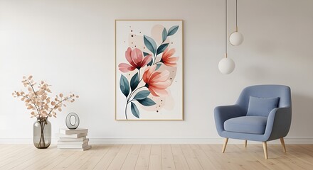 Interior of a living room with a watercolor flower painting on the wall