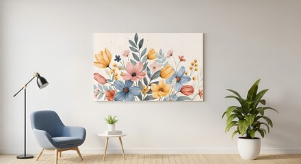Watercolor floral painting on a wall in a modern living room interior