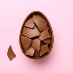 Broken chocolate Easter egg on pink background (1)