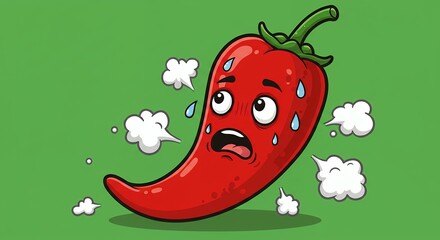 Animated red chili pepper with sweat drops and steam against a green background