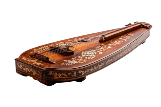 An exquisite antique wooden stringed instrument, adorned with intricate floral inlays. A beautiful piece of musical art. background removed