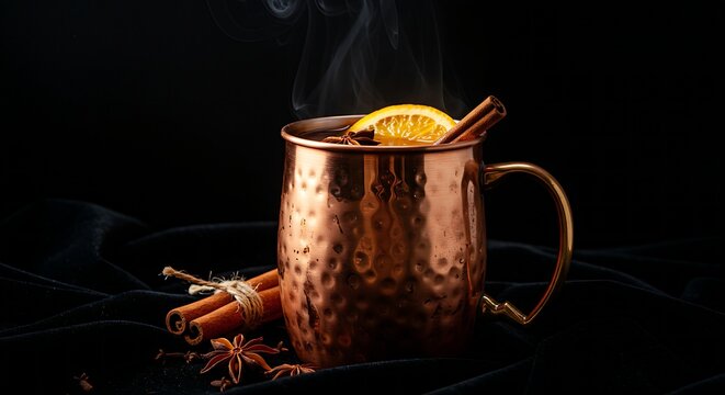 a copper mug of steaming Russian Sbiten garnished with a slice of orange and cloves,set on a dark velvet cloth,subtle backlighting illuminating the steam,creating a rich,winter-warmth aesthetic 