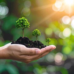 Hand holds soil with small trees