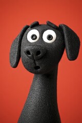 A playful black Labrador Retriever with an expression of surprise stands out against a bright red backdrop, capturing attention effortlessly