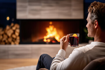 Man relaxing by fireplace enjoying mulled wine