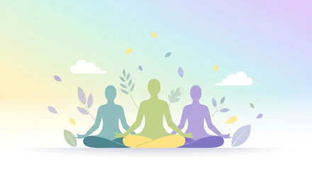 Three silhouettes meditating together in lotus pose with soft pastel gradient background and leaves