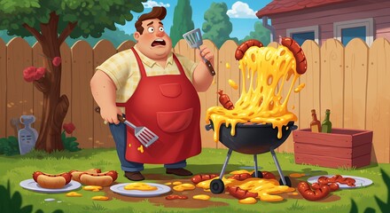 Chef character overwhelmed by melted cheese and hot dogs on bbq grill outdoor scene